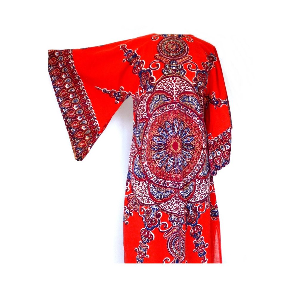 Caftan Dress with Angel Wings Red and Blue Pakistani Vintage 1970s Size XS